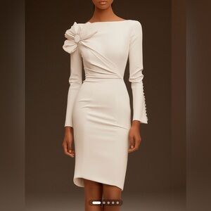 Fehaute Cream White Bow Long Sleeve Sheath Midi Dress Size 2 NWT